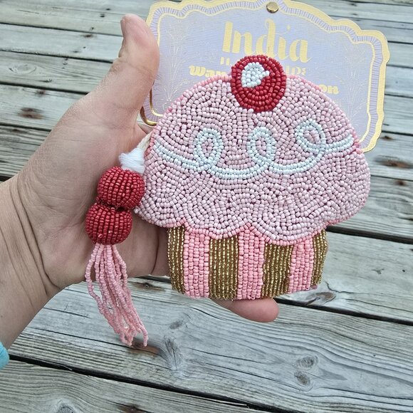 Viral Cupcake Cherry Pink Beaded Coin Purse Pouch India Handmade Wandering Moon - Picture 2 of 4